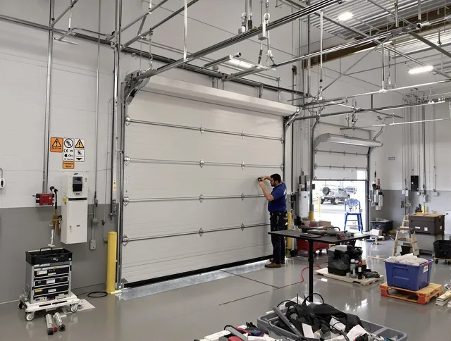 Commercial garage door repair being performed by Lake Wylie Garage Door Repair expert in Lake Wylie