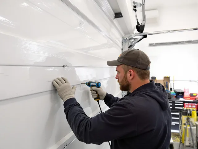 Lake Wylie Garage Door Repair technician demonstrating precision dent removal techniques on a Lake Wylie garage door