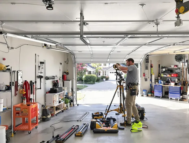 Lake Wylie Garage Door Repair specialist performing laser-guided track alignment in Lake Wylie